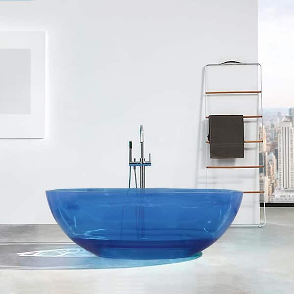 JimsMaison 65 in. W. x 30 in. Resin Soaking Bathtub with Center Drain in Transparent Blue