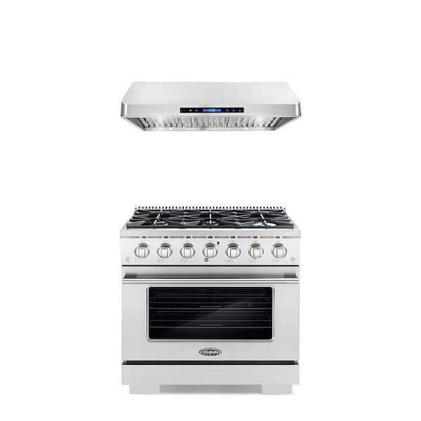 Cosmo 2PC Kitchen Package with 36" Freestanding Gas Range with 6 Burners and 36" Under Cabinet Range Hood in Stainless Steel