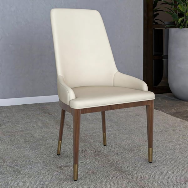 Leisuremod Leather Dining Chair with Brown Rubberwood Legs Accent Kitchen Room Side Chairs Viva Series in Light Taupe