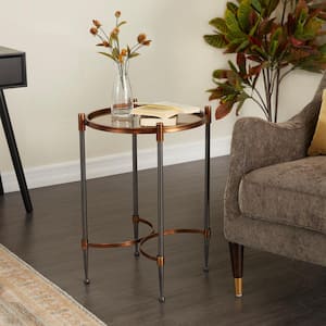 17 in. Black Large Round Glass End Accent Table with Mirrored Glass Top