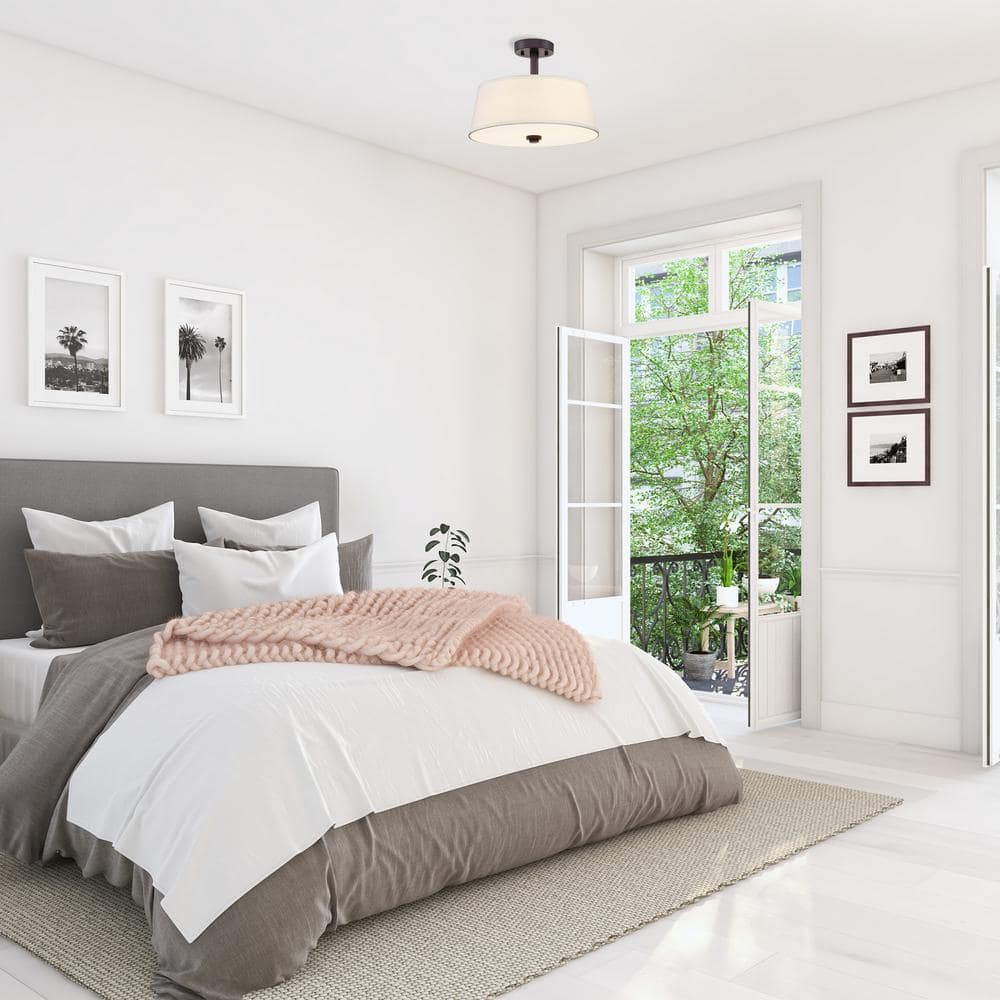 Satin Bronze 15" Semi-Flush Mount Light with Off-White Shade