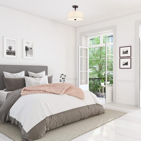 Studio 15 in. 2-Light Satin Bronze Transitional Entryway Semi-Flush Mount with White Fabric Shade
