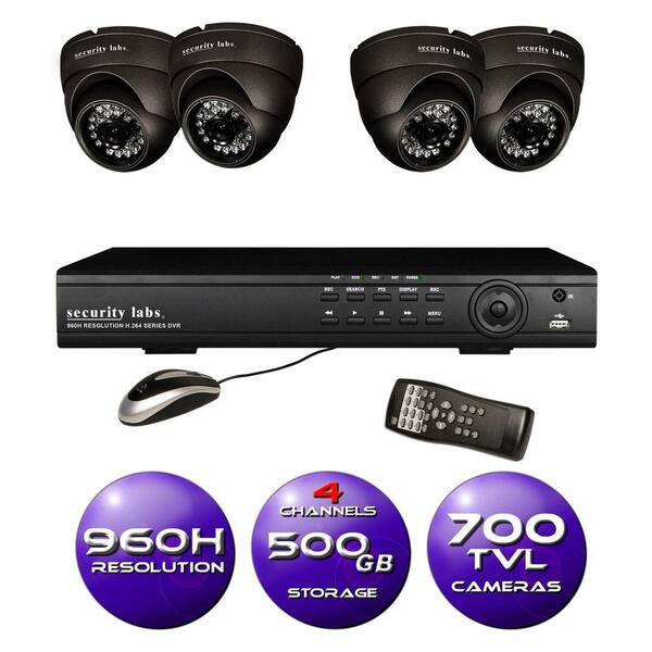 Security Labs 4-Channel 960H Surveillance System with 500GB HDD and (4) 700 TVL Dome Cameras