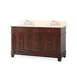 Sanford 60 in. W x 22 in. D x 36 in. H Double Sink Bathroom Vanity in Medium Brown with Cream Marble top
