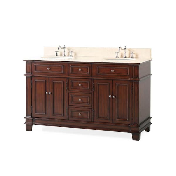 Benton Collection Sanford 60 in. W x 22 in. D x 36 in. H Double Sink Bathroom Vanity in Medium Brown with Cream Marble Top