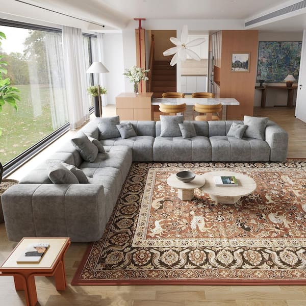 144.17 in. Square Arm Linen 5-Piece Modular L Shaped Tufted Sectional Sofa with Deep Seats For Large Space in Gray
