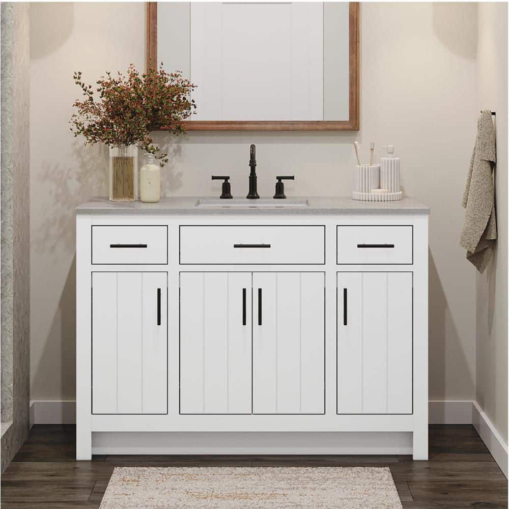 Daisy Grey Wood 48-Inch Single Bathroom Vanity With Sink – Shaker Cabinet, Adjustable Shelves, Brushed Nickel Handles, White Stone Top, Fully Assembled