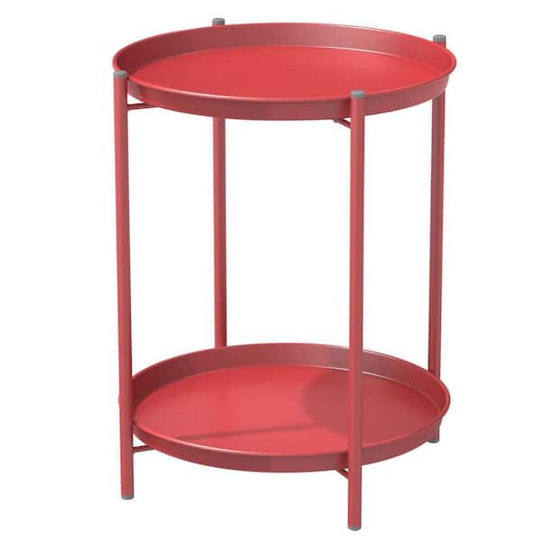 MEOOEM 18 in. Outdoor Side Table, Steel 2-Tier End Table Round Accent Table, Peacock Red