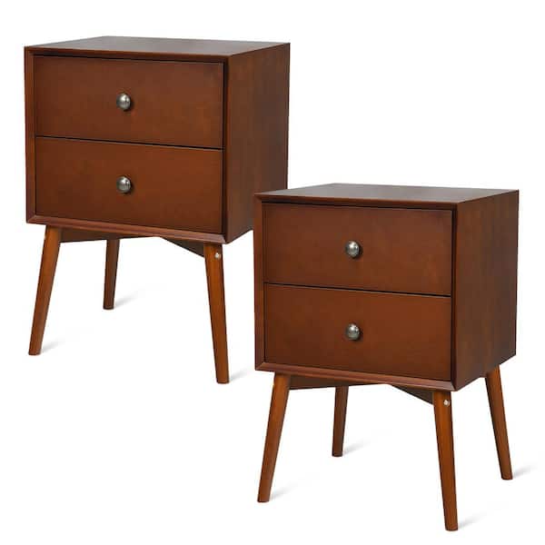 Costway 18 in. Brown Rectangle Wood End Table with 2-Pieces