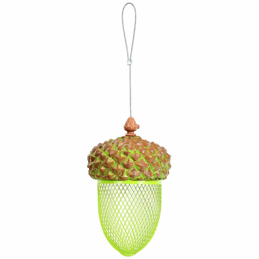 Brown and Green Resin Iron Mesh Hanging Acorn Bird Feeder