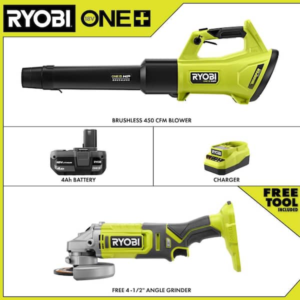 ONE+ HP 18V Brushless 450 CFM Cordless Leaf Blower w/ 4.0 Ah Battery, Charger, & FREE ONE+ 18V 4-1/2 in. Angle Grinder