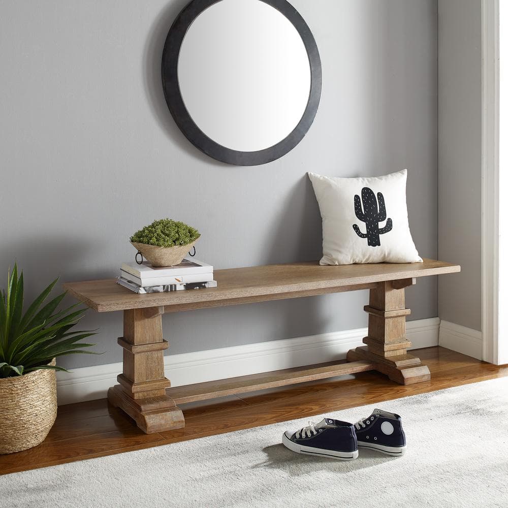 Rustic Brown Farmhouse Wood Dining Bench with Pedestal Columns