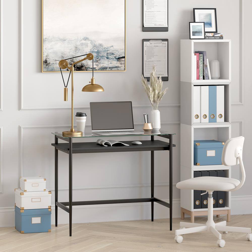 36" Blackened Bronze Desk with Glass Top and Shelf
