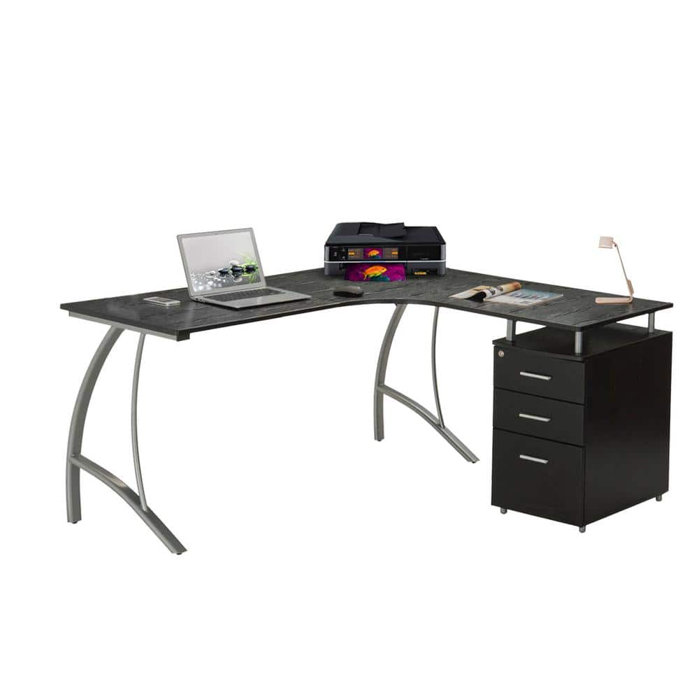 Espresso Wood L-Shaped Corner Desk with Drawer and Keyboard Tray