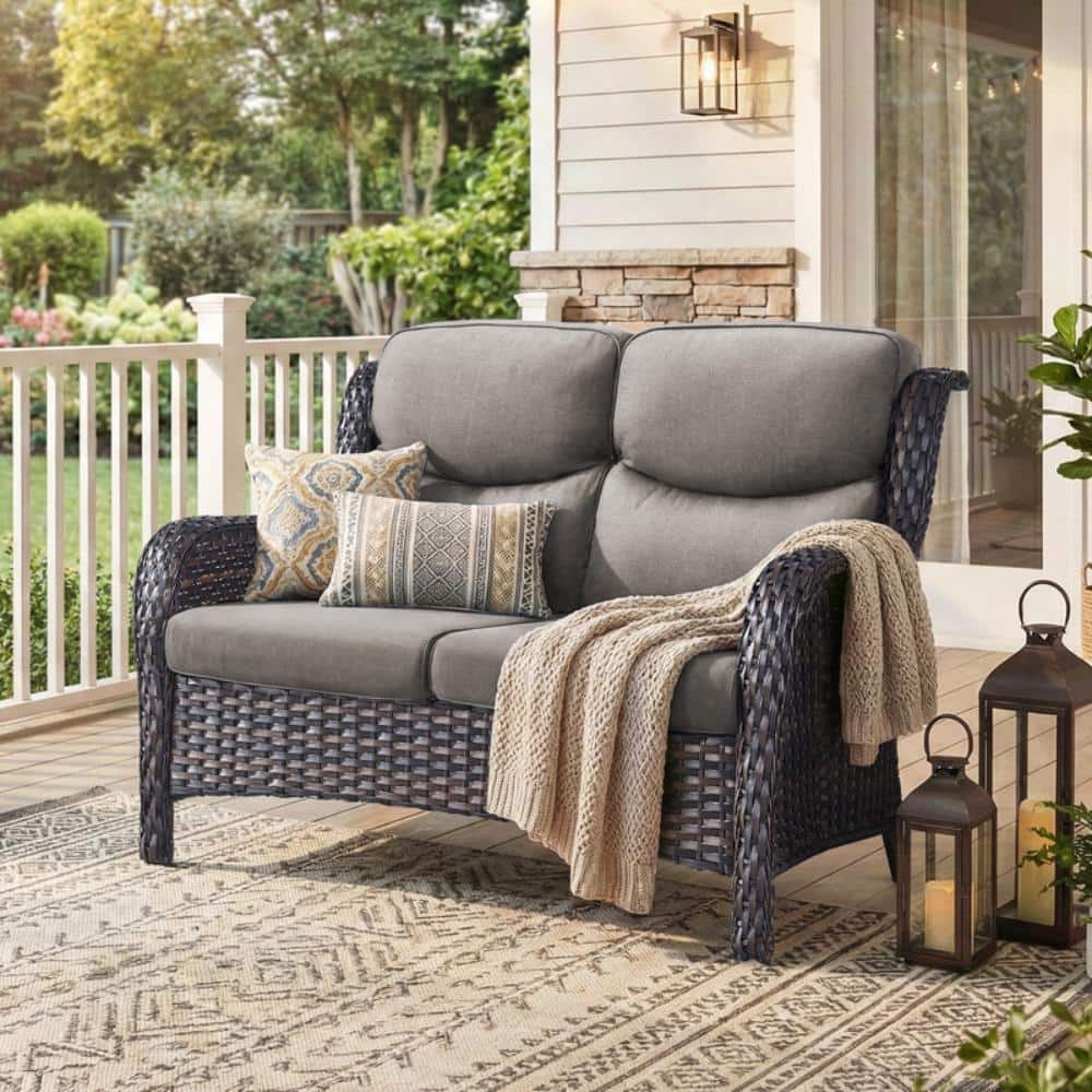 Smiley Brown Wicker Outdoor loveseat Patio 2-Seat Sofa Set Rattan Sofa Set with Gray Cushions price history on PriceWatchPro