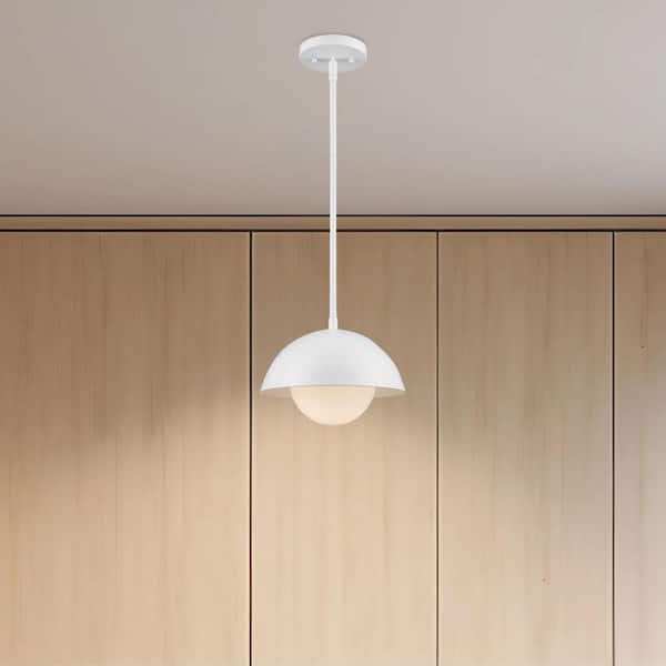 Bel Air Lighting Maureen 10 in. 1-Light White Pendant Light Fixture with Metal Dome and White Opal Glass Shade