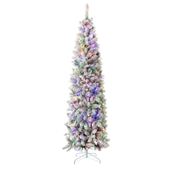 6.5 ft. Pre-Lit LED Pencil Slim Flocked Artificial Christmas Tree with Multi-Color Light