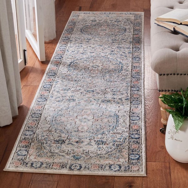 Oregon Gray/Blue 2 ft. x 12 ft. Floral Border Runner Rug