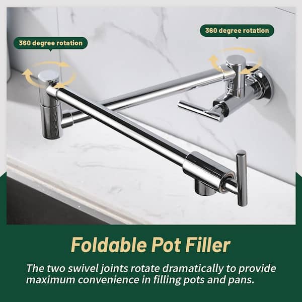 Wall Mounted Folding Pot Filler with Double-Handle Brass Stretchable Kitchen Sink Faucet in Chrome