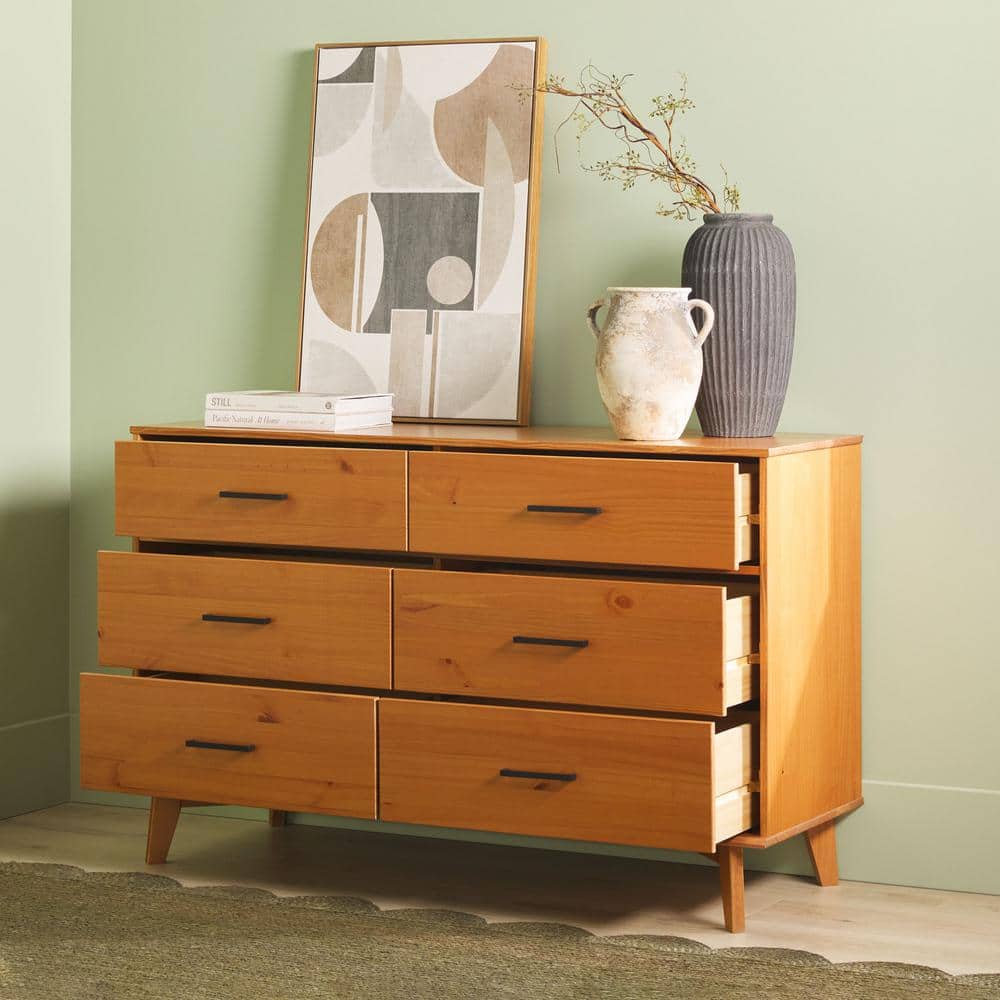 Caramel Solid Pine Wood 6-Drawer Dresser with Metal Handles