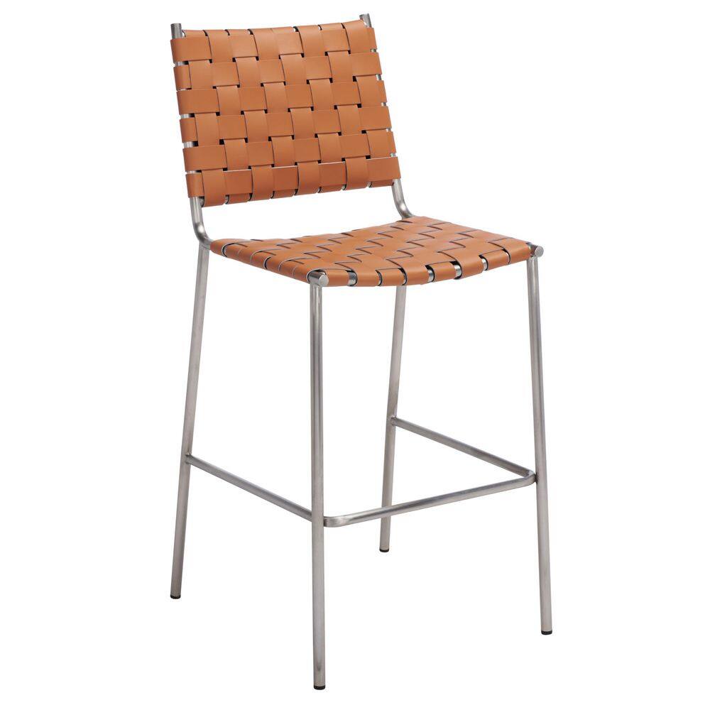 Cognac Leather and Silver Metal Saddle Counter Stool