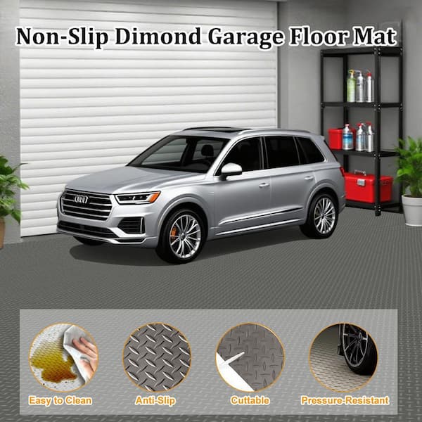 17 ft. x 7.5 ft. Vinyl Diamond Garage Flooring, Garage Floor Protector and Slip Resistant Mat, Grey