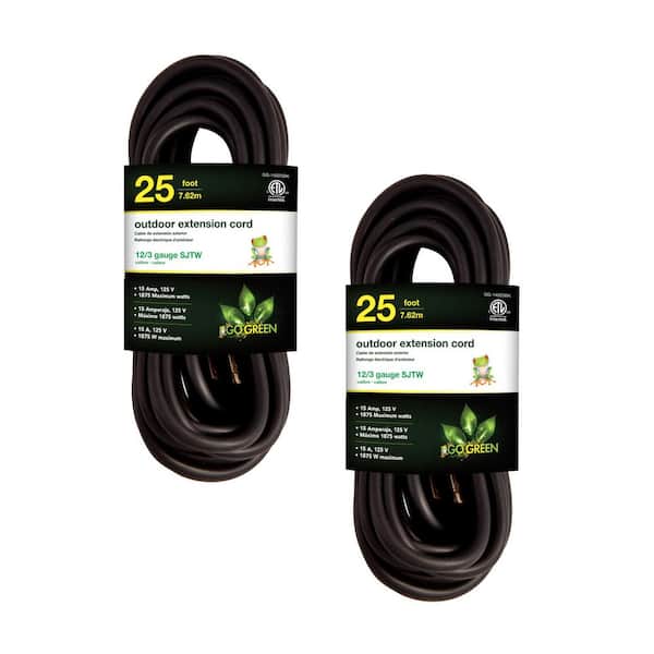 GoGreen Power (G-14025BK-2) 25 ft. 12/3 Indoor Heavy Duty Extension Cord, Black, 2 PACK