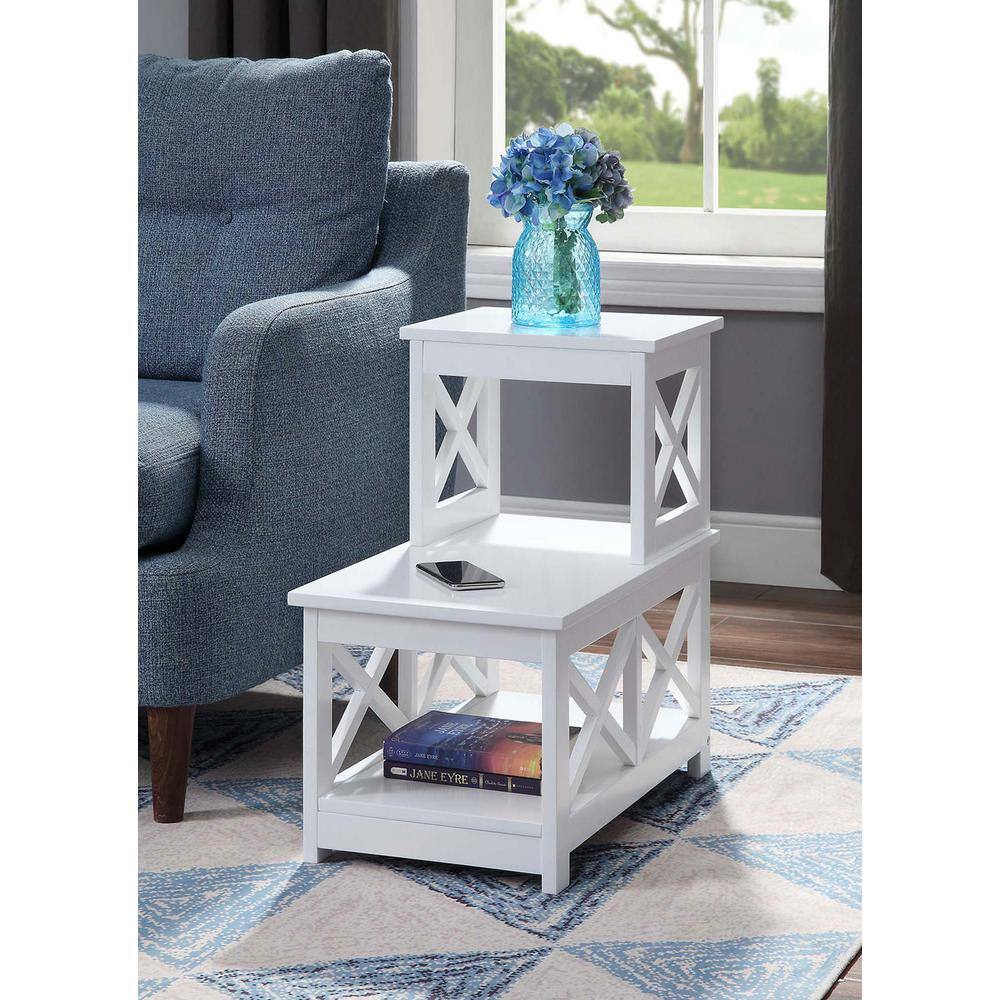White MDF 2 Step Chairside End Table with X Side Frames