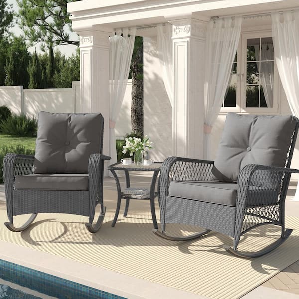 Poteban 3-Piece Wicker Outdoor Rocking Chair Set, Patio Swivel Chairs with Cushions and Side Table, Gray