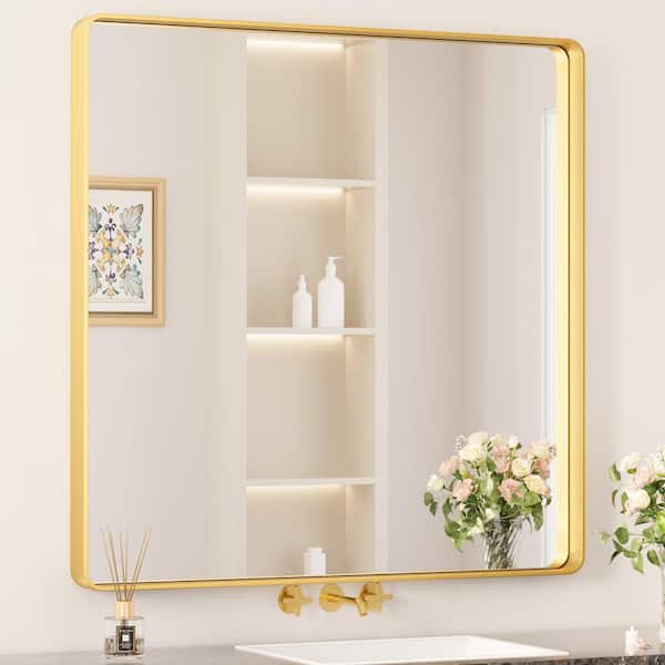 KeonJinn 36 in. W x 36 in. H Modern Rectangular Aluminum Framed Wall Bathroom Vantiry Mirror in Brush Gold