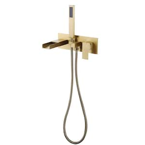 Single-Handle Waterfall Wall-Mount Roman Tub Faucet with Hand Shower Modern Brass 3-Hole Tub Fillers in. Brushed Gold