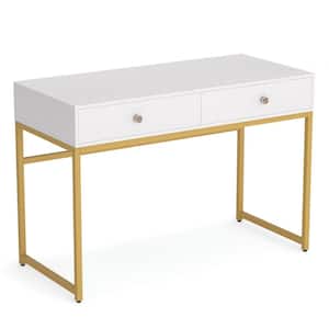 Ellie 47 in. Rectangular Golden Metal White Particle Board Wood 2 Drawer Laptop Desk Makeup Vanity Console Table