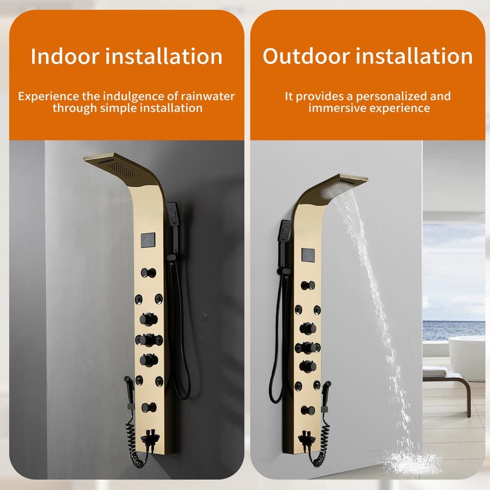 Gold and Black Brass 8-Jet Rainfall Shower Panel System