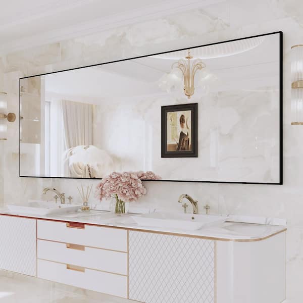 84 in. W x 32 in. H Aluminum Framed Rectangular Vanity Wall Mounted Mirror in Matte Black
