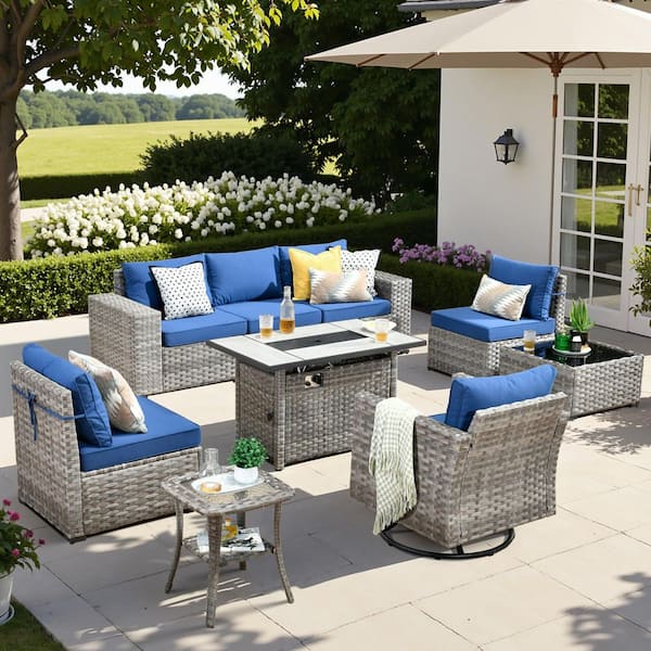 HOOOWOOO Tahoe Grey 9-Piece Wicker Patio Rectangle Fire Pit Conversation Sofa Set with a Swivel Chair and Navy Blue Cushions