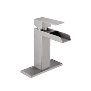 Single Handle Single Hole Waterfall Spout Bathroom Faucet with Deckplate Included and Overflow Drain in Brushed Nickel