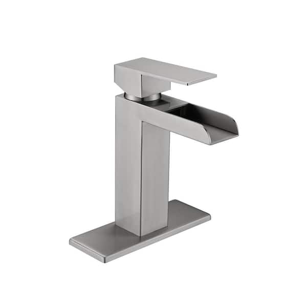 Pdpbath Single Handle Single Hole Waterfall Spout Bathroom Faucet with Deckplate Included and Overflow Drain in Brushed Nickel