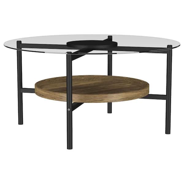 Delfin 35.5 in. Black and Brown Round Glass Top Coffee Table with 1-Shelf