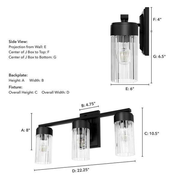 Hunter - Gatz 22.25 in. 3-Light Matte Black Vanity Light with Clear Fluted Glass Shades