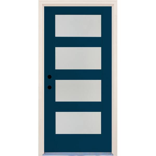 Builders Choice 36 in. x 80 in. Elite Atlantis Etch Glass Contemporary Right-Hand 4 Lite Satin Painted Fiberglass Prehung Front Door