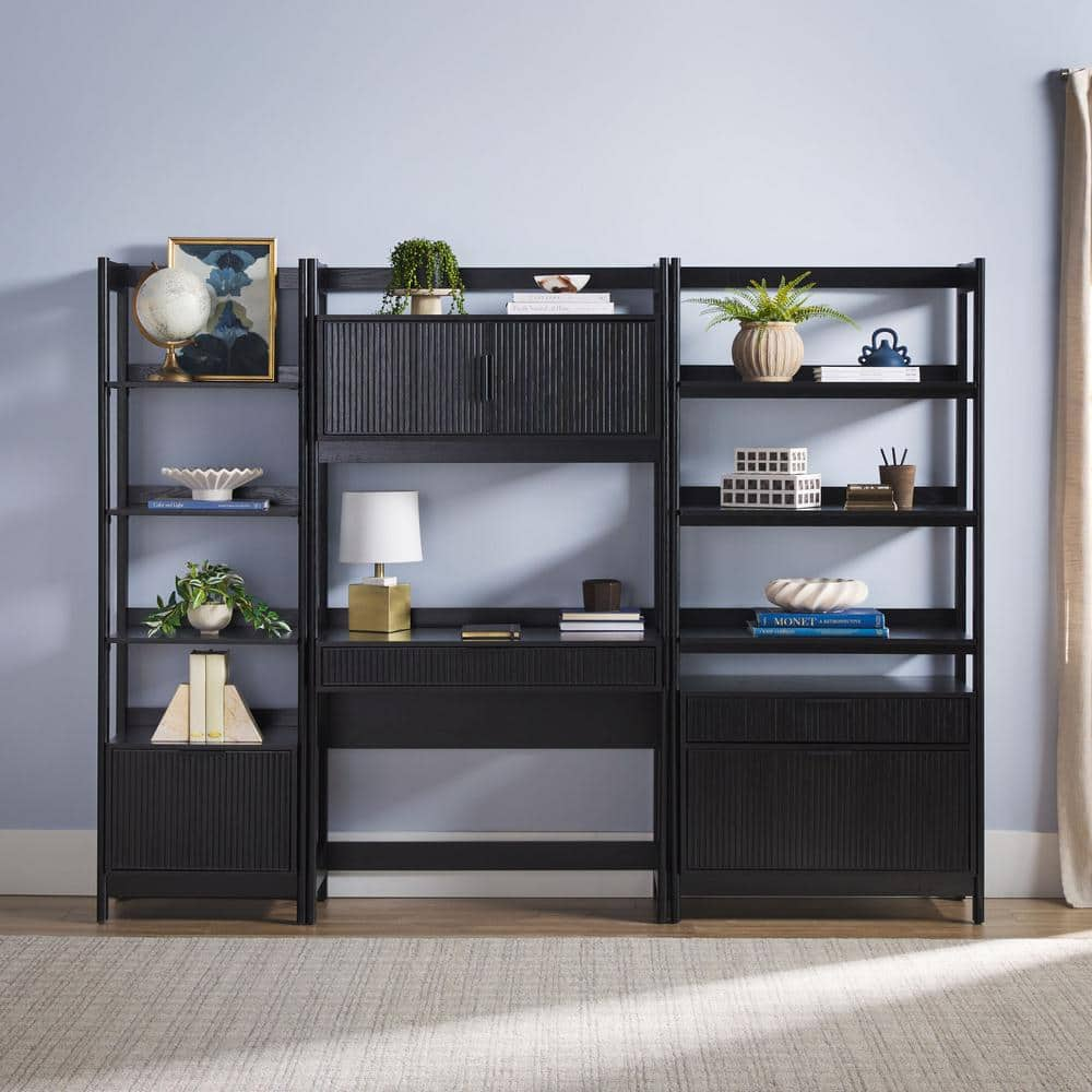 Welwick Designs 3-Piece Transitional Black Reeded 38 in. Hutch-Style Desk  with 1 Narrow and 1 Wide Modern Bookcase HD10136 - The Home Depot