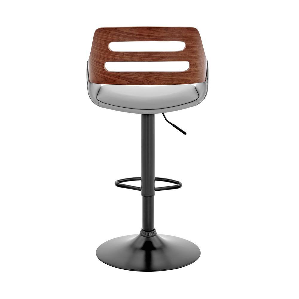 Adjustable Gray Leather and Walnut Wood Swivel Bar Stool