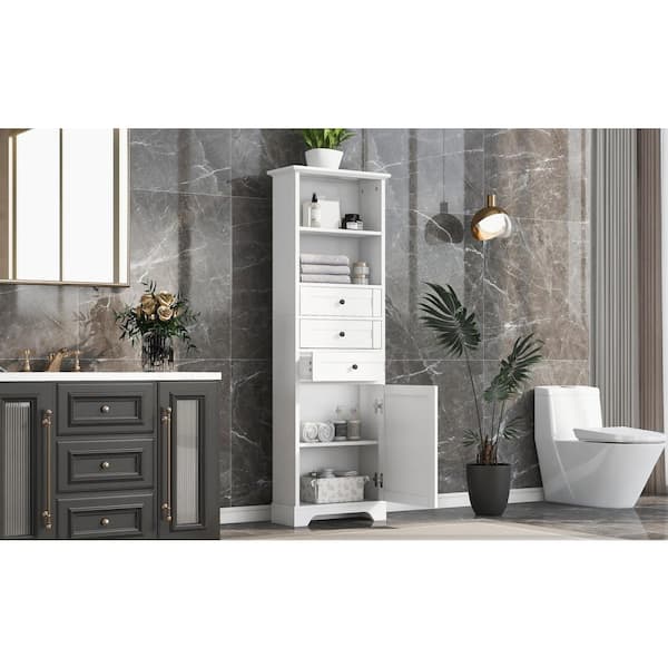 Unbranded Modern 15 in. W x 10 in. D x 68.3 in. H White Tall Linen Cabinet with 3-Drawers and Adjustable Shelf