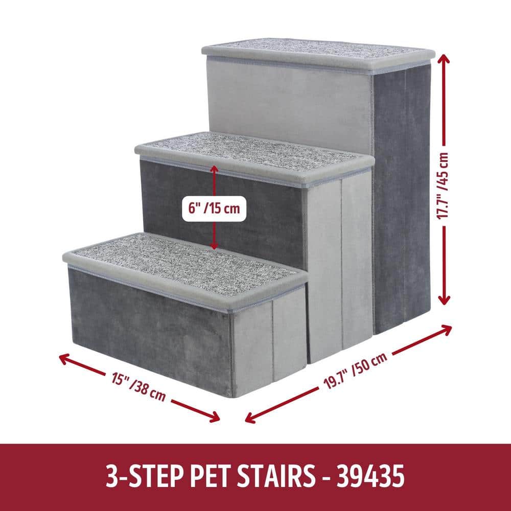 Gray Velour Foldable 3-Step Pet Stairs with Storage