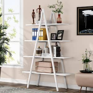 Eulas 65 in. White Wood 4-Shelf Ladder Bookcase, A-Shaped Bookcase Leaning Plant Stand Storage Rack