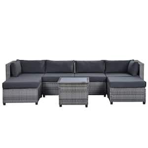 7-Piece Wicker Outdoor Sectional Sofa Set with Dark Gray Cushions and Tea Table
