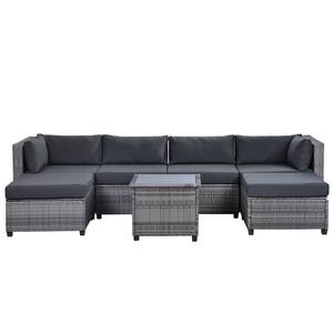 7-Piece Metal Rattan Outdoor Sofa Set Word Sectional Seating Group with Gray Cushions