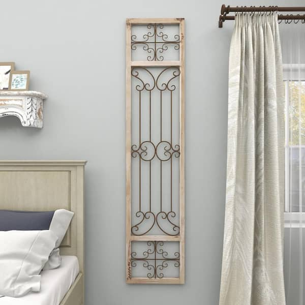 Gray Wood Distressed Door Inspired Ornamental Scroll Wall Decor with Metal Wire Details - Grey