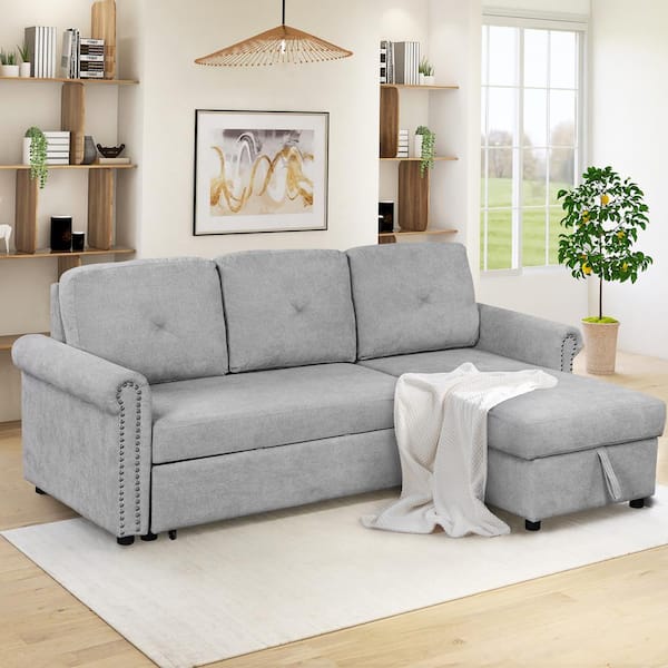Harper Bright Designs 83 1 In Width Gray Polyester Convertible Sectional 3 Seats Sleeper Sofa With Storage E Sg000418aaa The