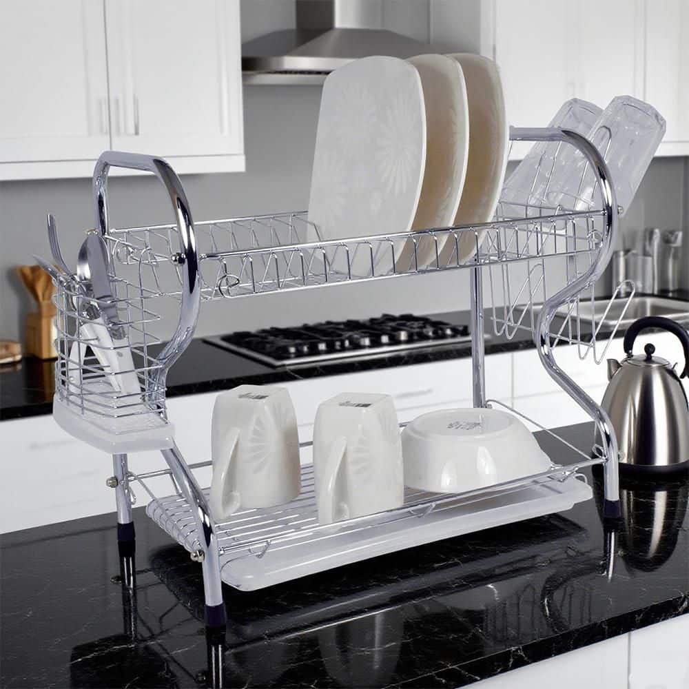 Tahanbath 2-Tier Silver Chrome Standing Dish Rack with Plastic